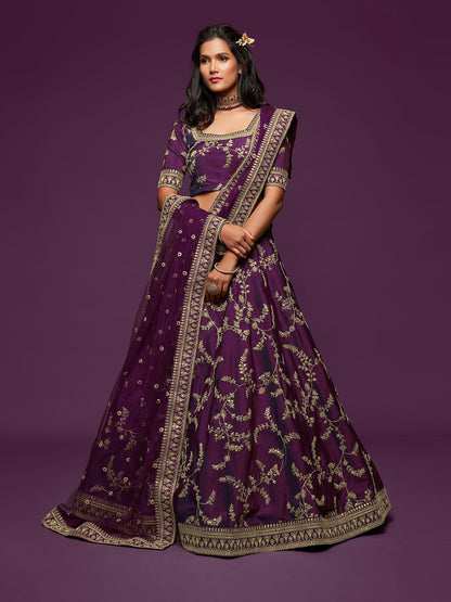 Odette Purple Art Silk Embroidered Semi Stitched Lehenga With Unstitched Blouse For Women