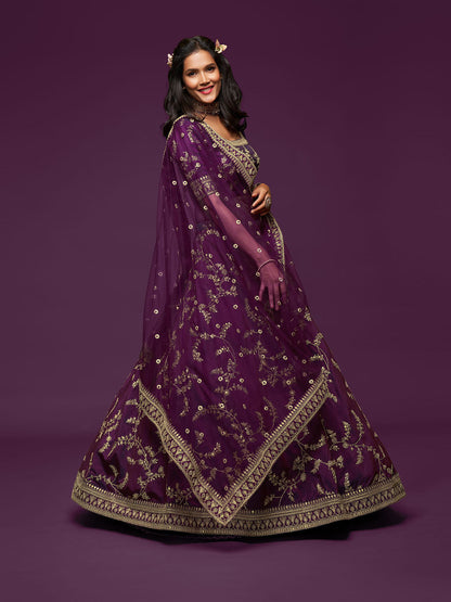Odette Purple Art Silk Embroidered Semi Stitched Lehenga With Unstitched Blouse For Women
