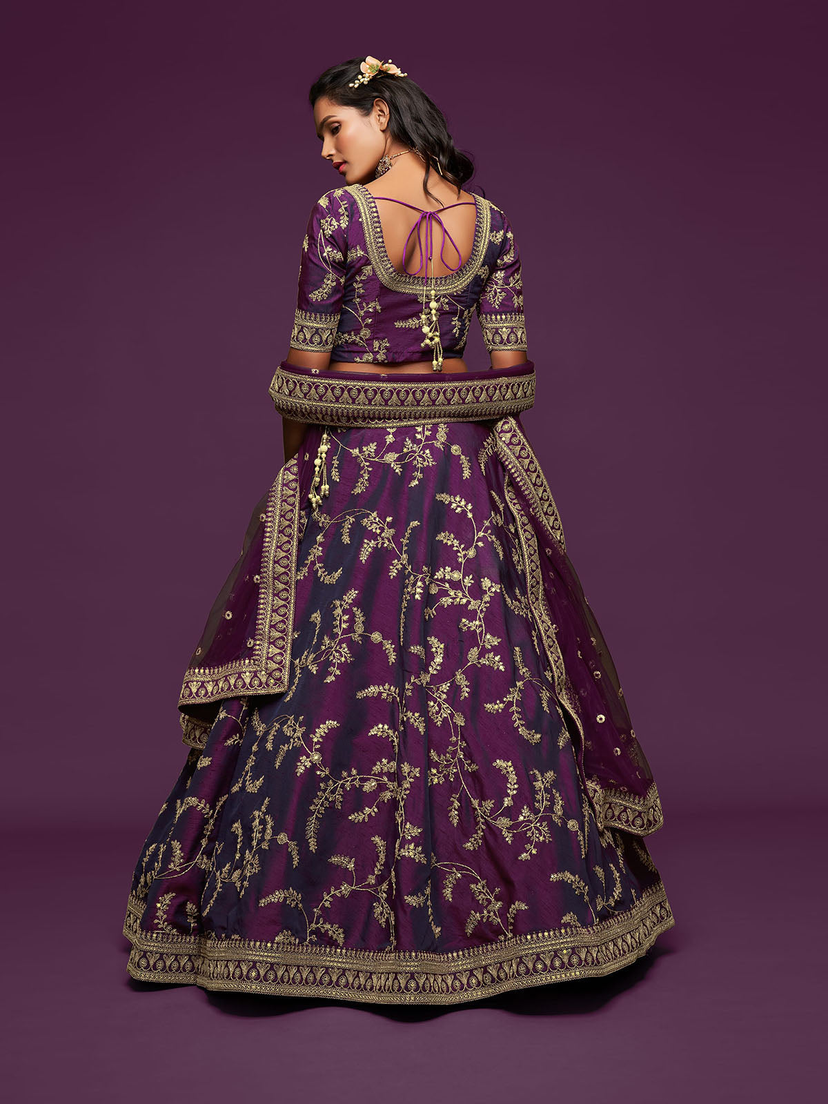 Odette Purple Art Silk Embroidered Semi Stitched Lehenga With Unstitched Blouse For Women