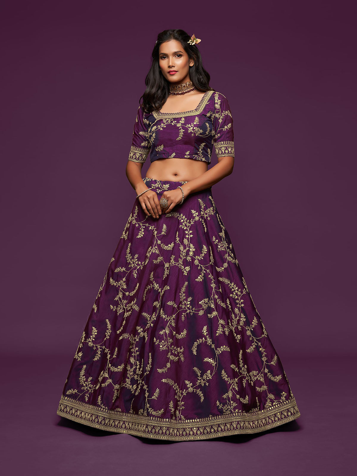 Odette Purple Art Silk Embroidered Semi Stitched Lehenga With Unstitched Blouse For Women