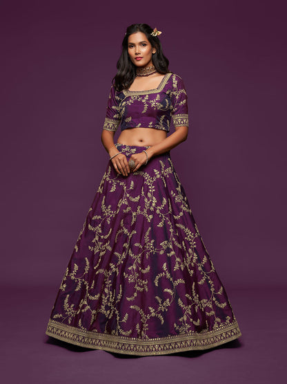 Odette Purple Art Silk Embroidered Semi Stitched Lehenga With Unstitched Blouse For Women