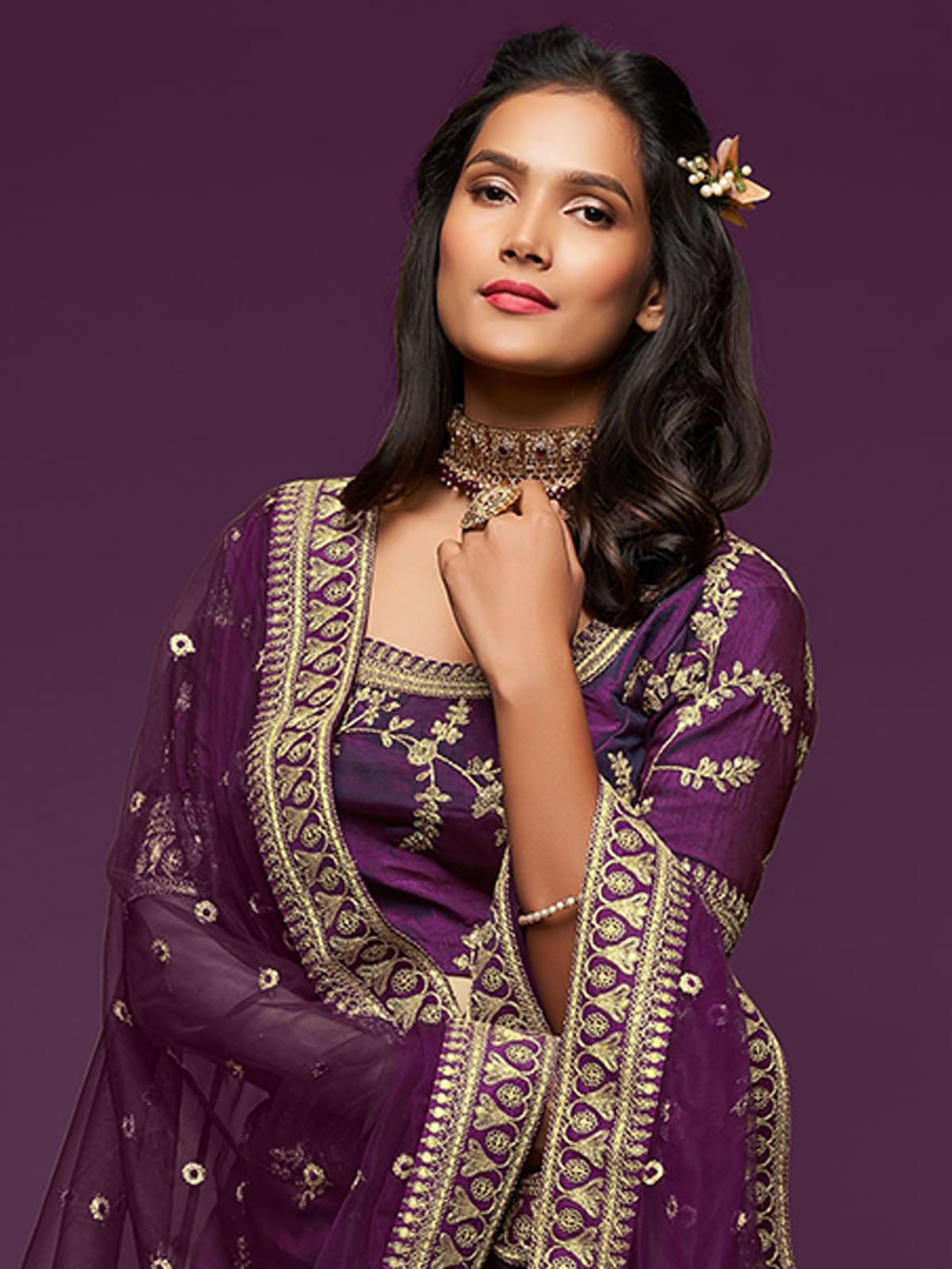 Odette Purple Art Silk Embroidered Semi Stitched Lehenga With Unstitched Blouse For Women