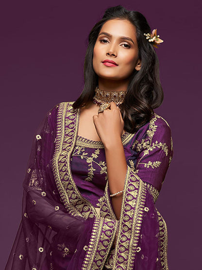 Odette Purple Art Silk Embroidered Semi Stitched Lehenga With Unstitched Blouse For Women