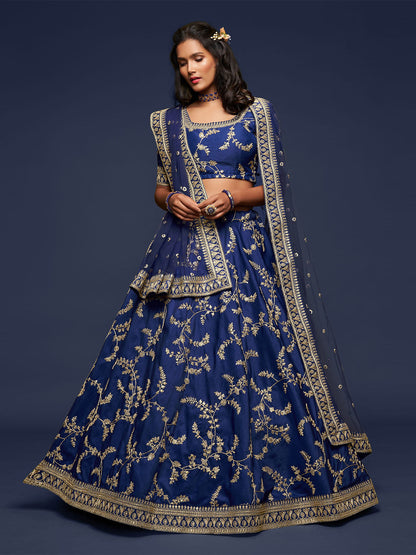 Odette Blue Art Silk Embroidered Semi Stitched Lehenga With Unstitched Blouse For Women