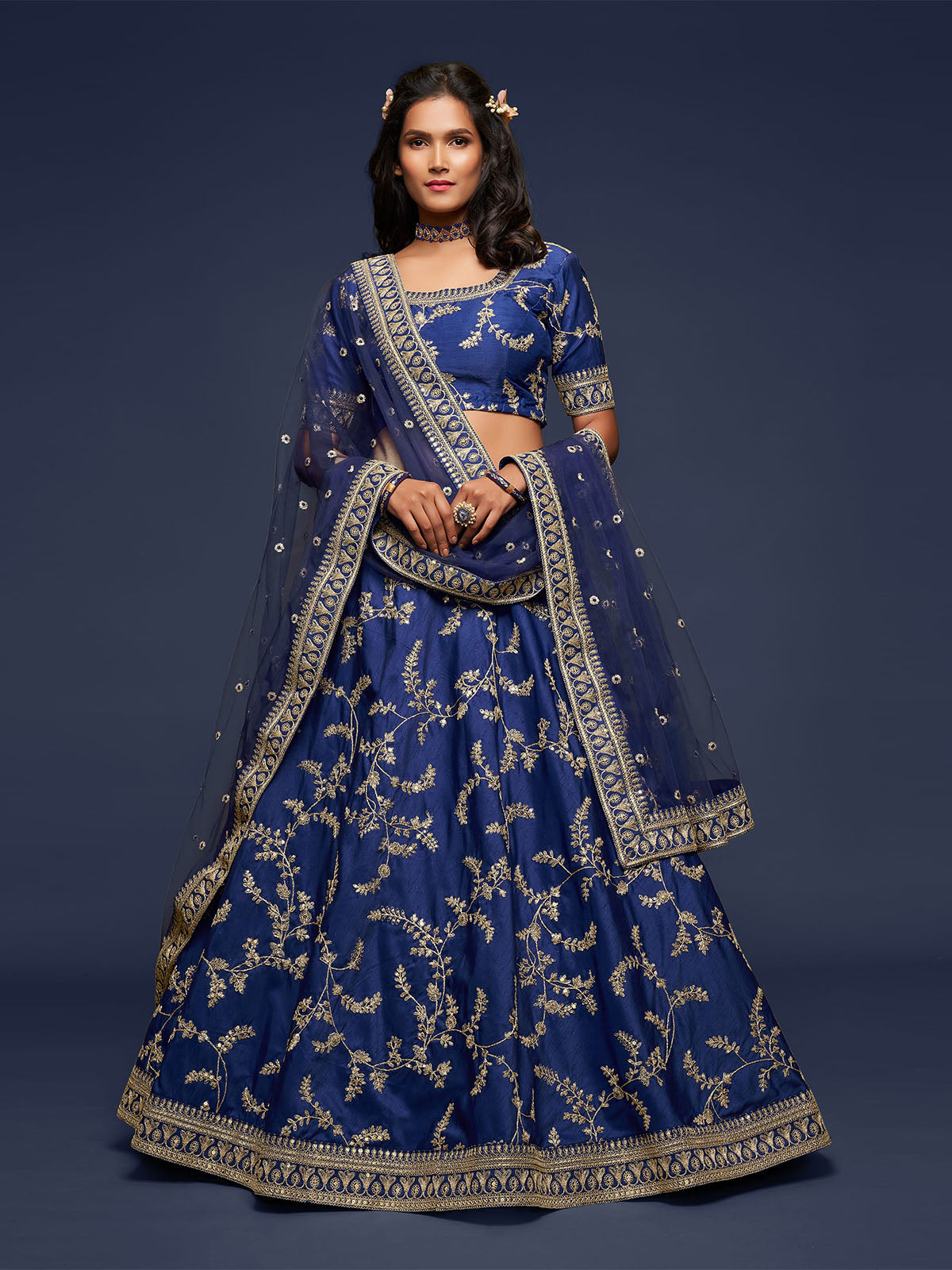 Odette Blue Art Silk Embroidered Semi Stitched Lehenga With Unstitched Blouse For Women