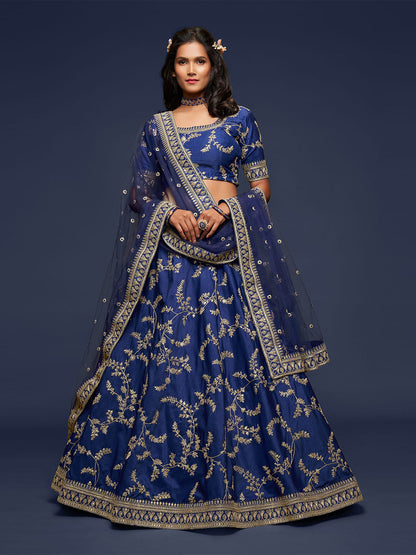 Odette Blue Art Silk Embroidered Semi Stitched Lehenga With Unstitched Blouse For Women