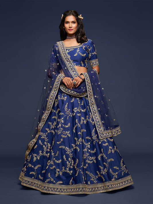 Odette Blue Art Silk Embroidered Semi Stitched Lehenga With Unstitched Blouse For Women