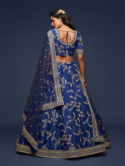 Odette Blue Art Silk Embroidered Semi Stitched Lehenga With Unstitched Blouse For Women
