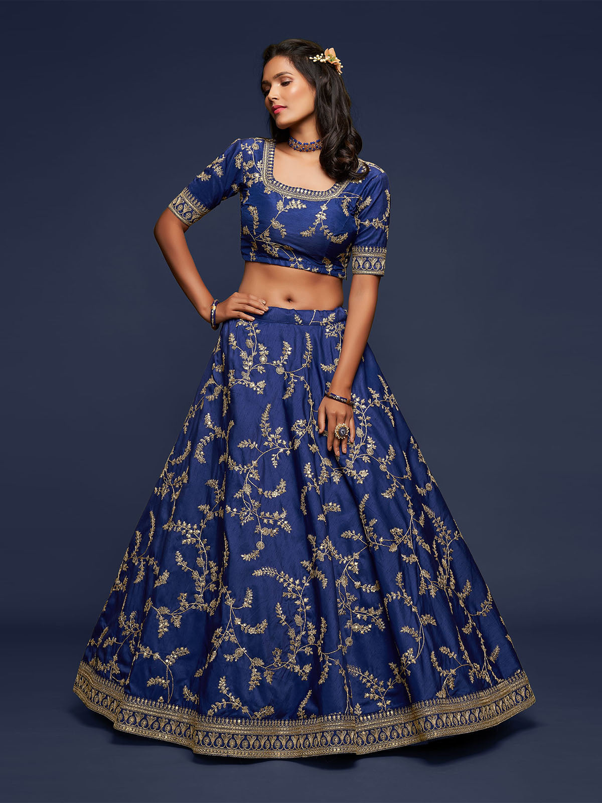 Odette Blue Art Silk Embroidered Semi Stitched Lehenga With Unstitched Blouse For Women