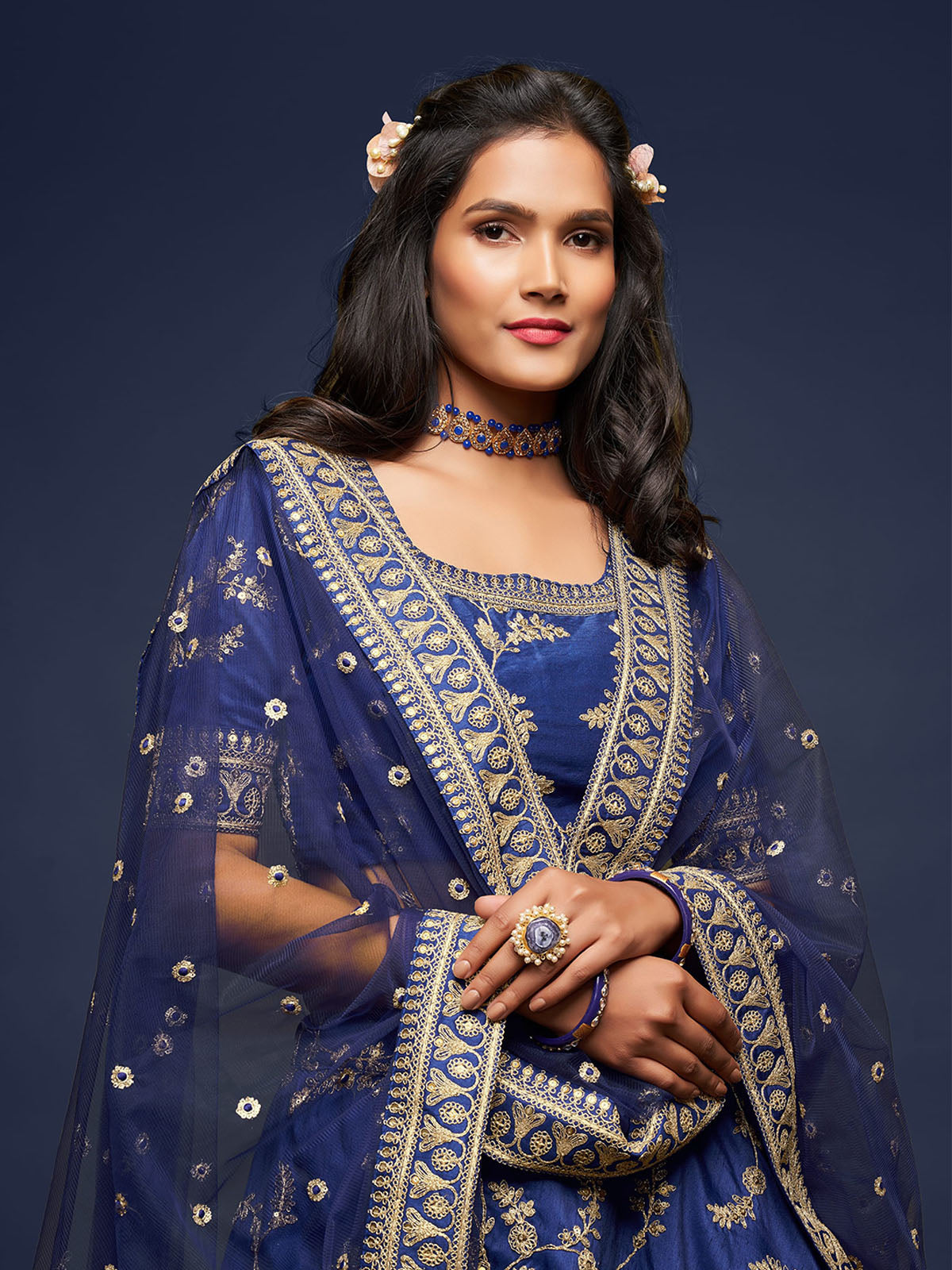 Odette Blue Art Silk Embroidered Semi Stitched Lehenga With Unstitched Blouse For Women