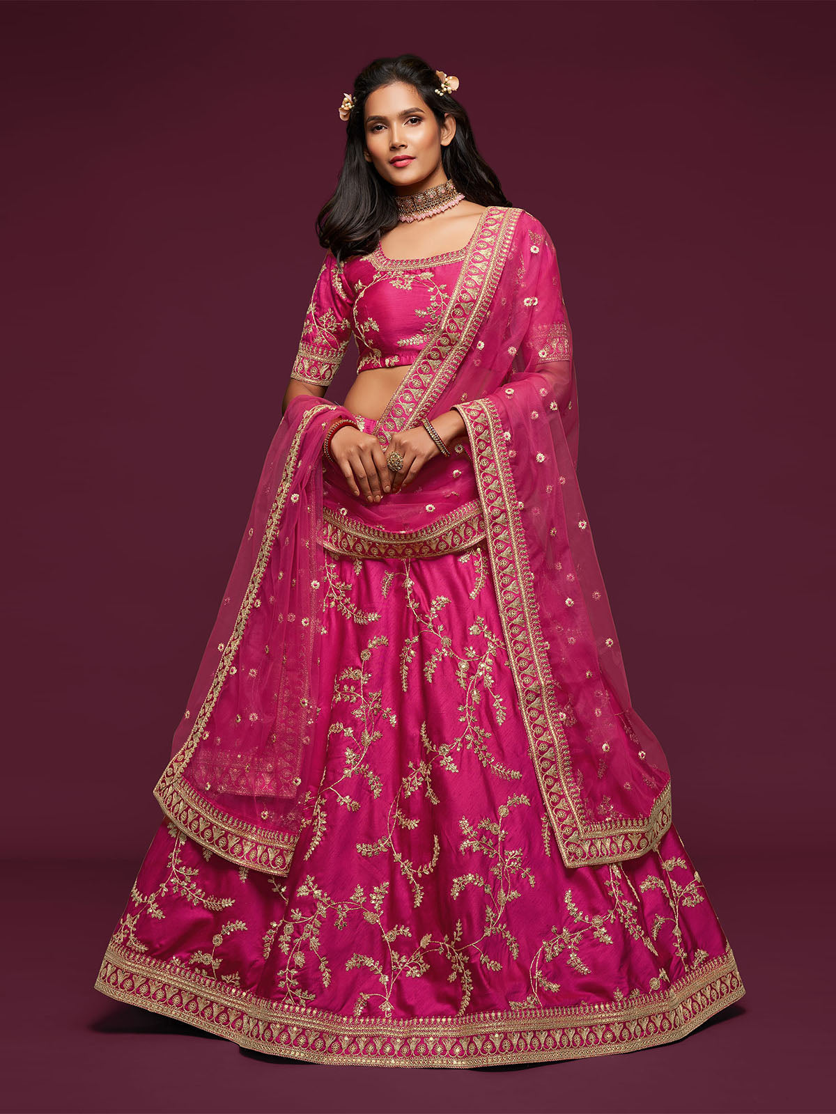 Odette Pink Art Silk Embroidered Semi Stitched Lehenga With Unstitched Blouse For Women