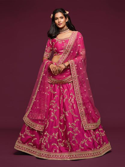 Odette Pink Art Silk Embroidered Semi Stitched Lehenga With Unstitched Blouse For Women