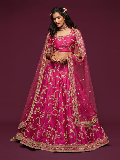 Odette Pink Art Silk Embroidered Semi Stitched Lehenga With Unstitched Blouse For Women