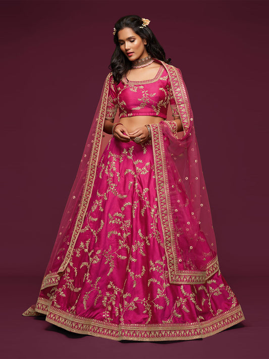 Odette Pink Art Silk Embroidered Semi Stitched Lehenga With Unstitched Blouse For Women