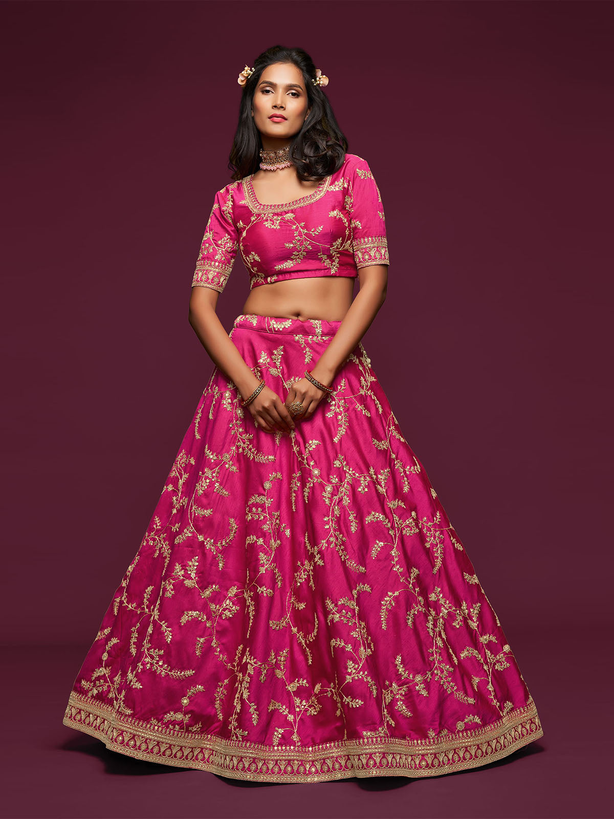 Odette Pink Art Silk Embroidered Semi Stitched Lehenga With Unstitched Blouse For Women