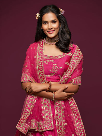 Odette Pink Art Silk Embroidered Semi Stitched Lehenga With Unstitched Blouse For Women