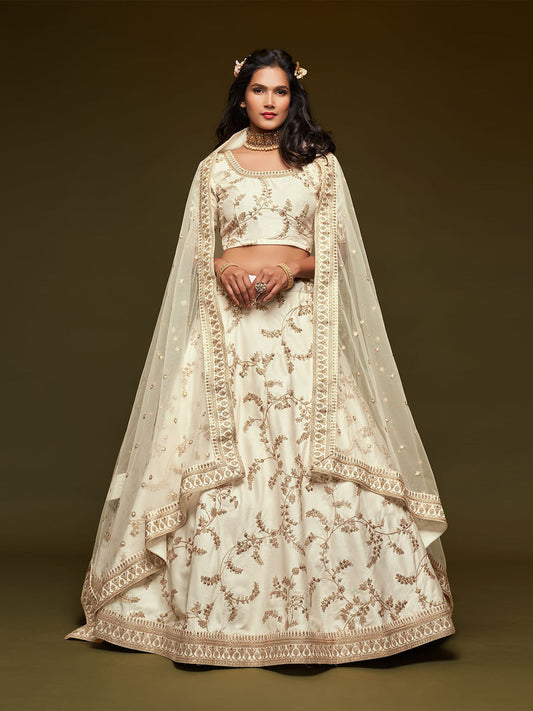 Odette White Art Silk Embroidered Semi Stitched Lehenga With Unstitched Blouse For Women
