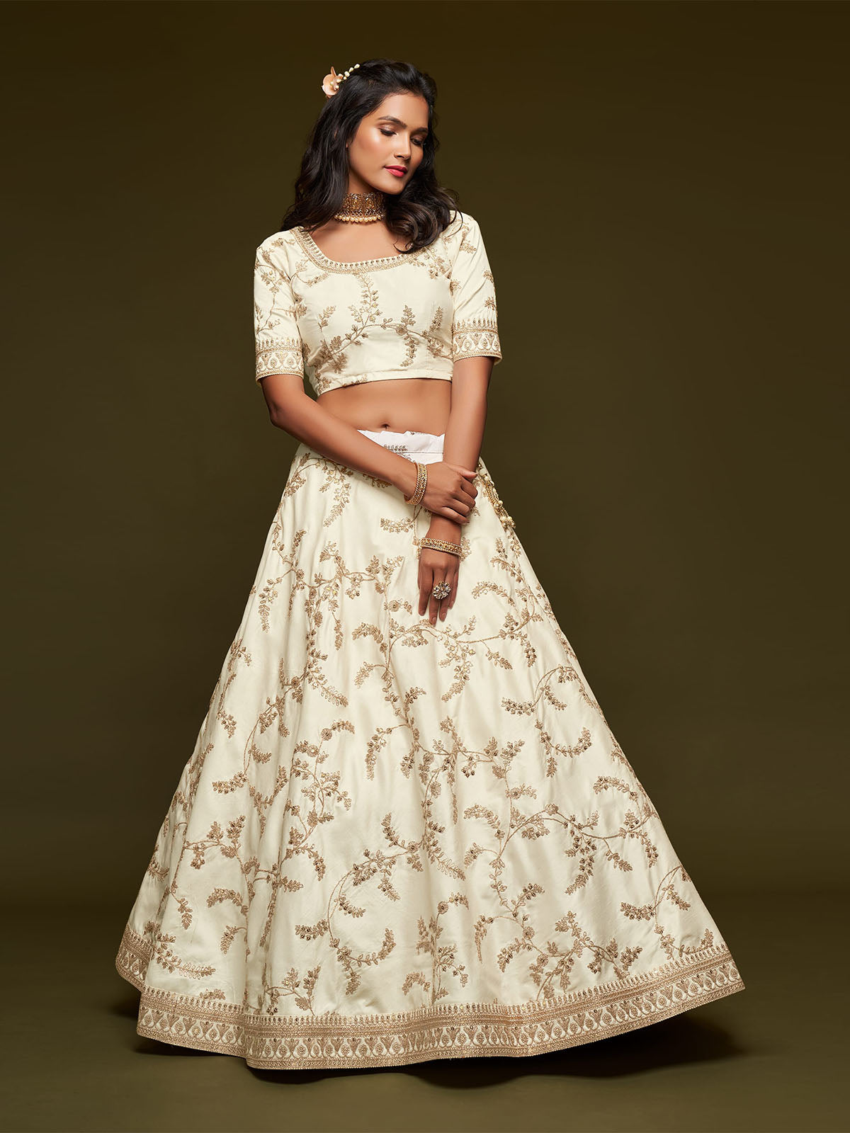 Odette White Art Silk Embroidered Semi Stitched Lehenga With Unstitched Blouse For Women