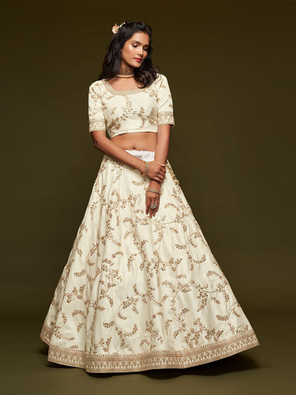 Odette White Art Silk Embroidered Semi Stitched Lehenga With Unstitched Blouse For Women