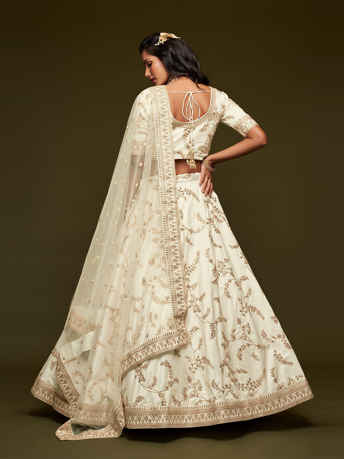 Odette White Art Silk Embroidered Semi Stitched Lehenga With Unstitched Blouse For Women