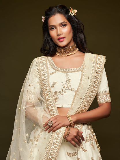 Odette White Art Silk Embroidered Semi Stitched Lehenga With Unstitched Blouse For Women