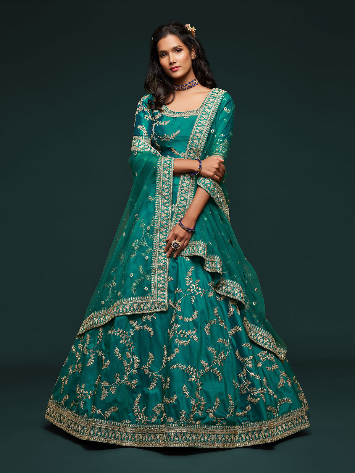 Odette Green Art Silk Embroidered Semi Stitched Lehenga With Unstitched Blouse For Women