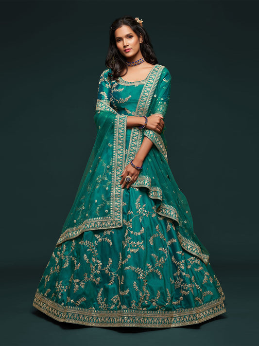 Odette Green Art Silk Embroidered Semi Stitched Lehenga With Unstitched Blouse For Women