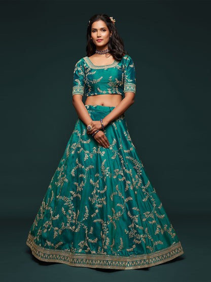 Odette Green Art Silk Embroidered Semi Stitched Lehenga With Unstitched Blouse For Women