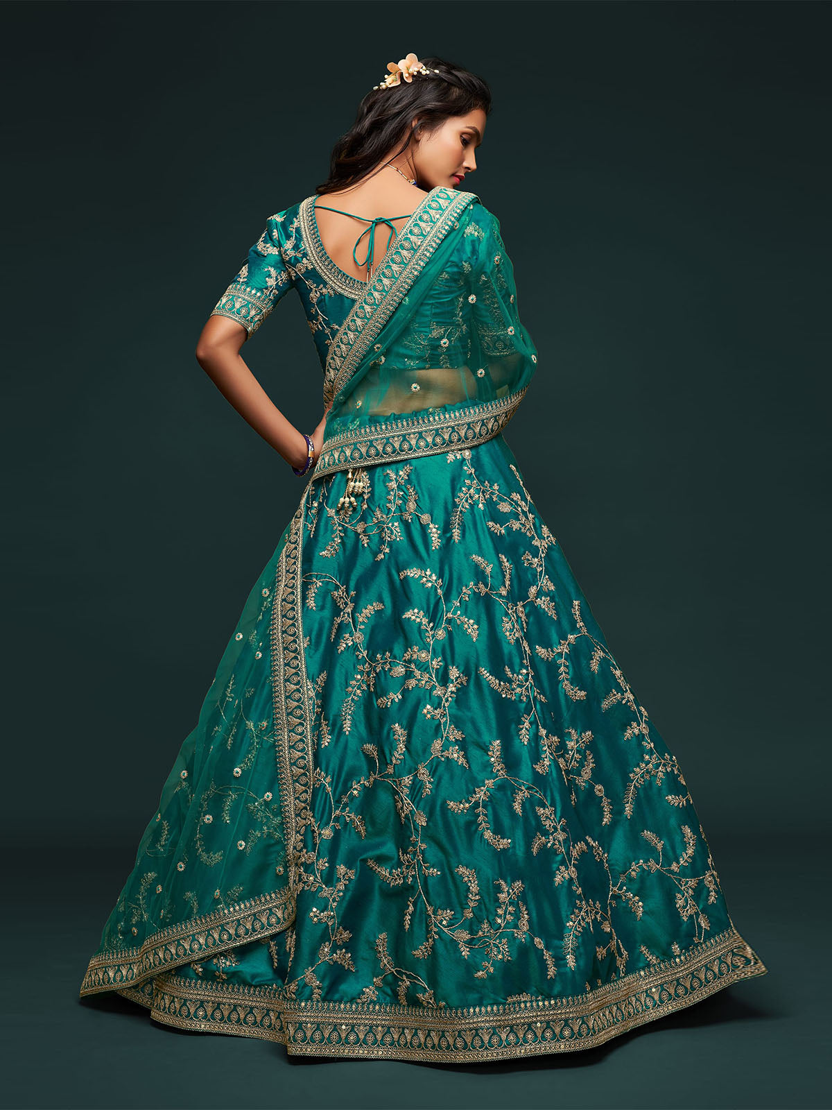 Odette Green Art Silk Embroidered Semi Stitched Lehenga With Unstitched Blouse For Women