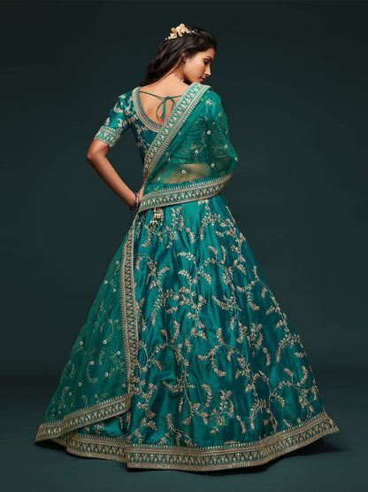 Odette Green Art Silk Embroidered Semi Stitched Lehenga With Unstitched Blouse For Women