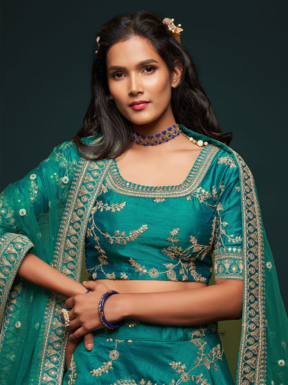 Odette Green Art Silk Embroidered Semi Stitched Lehenga With Unstitched Blouse For Women