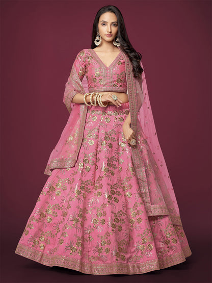 Odette Light Pink Silk Blend Embroidered Semi Stitched Lehenga With Unstitched Blouse For Women