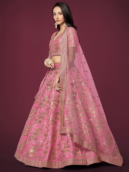 Odette Light Pink Silk Blend Embroidered Semi Stitched Lehenga With Unstitched Blouse For Women