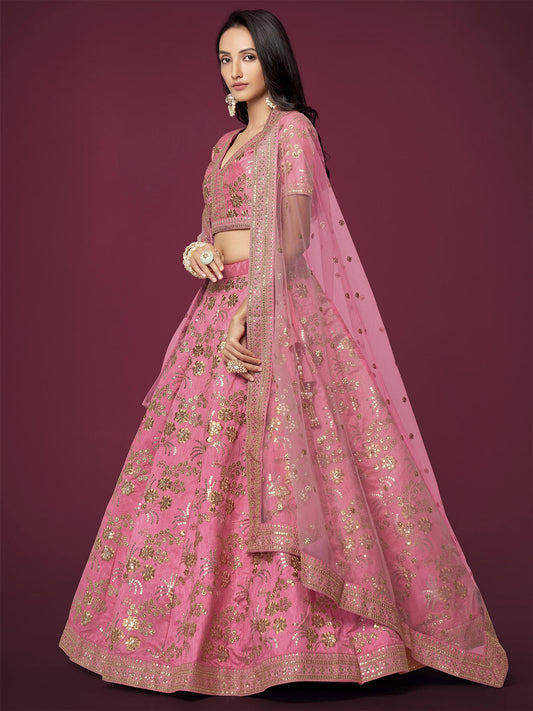 Odette Light Pink Silk Blend Embroidered Semi Stitched Lehenga With Unstitched Blouse For Women