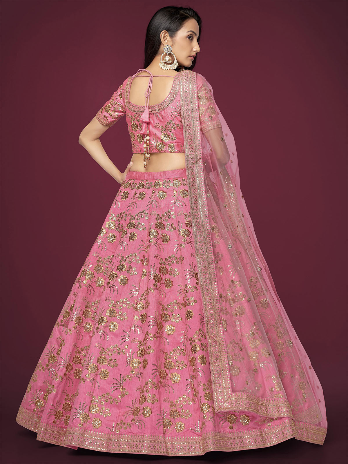 Odette Light Pink Silk Blend Embroidered Semi Stitched Lehenga With Unstitched Blouse For Women