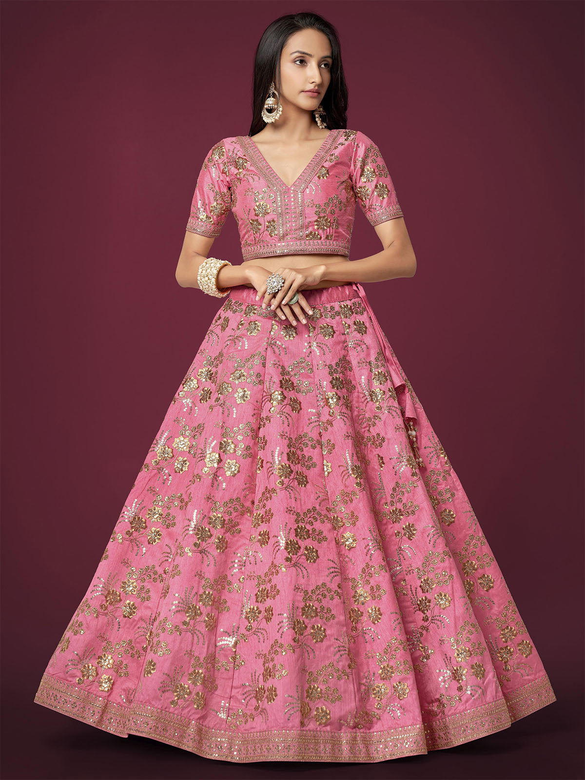 Odette Light Pink Silk Blend Embroidered Semi Stitched Lehenga With Unstitched Blouse For Women