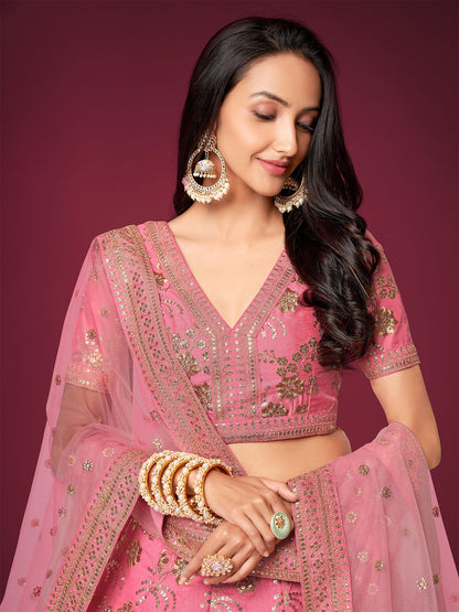 Odette Light Pink Silk Blend Embroidered Semi Stitched Lehenga With Unstitched Blouse For Women