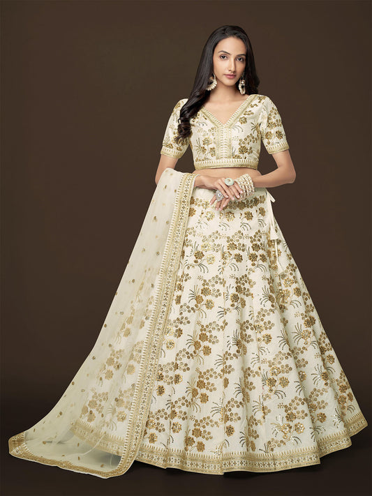 Odette Off White Silk Blend Embroidered Semi Stitched Lehenga With Unstitched Blouse For Women
