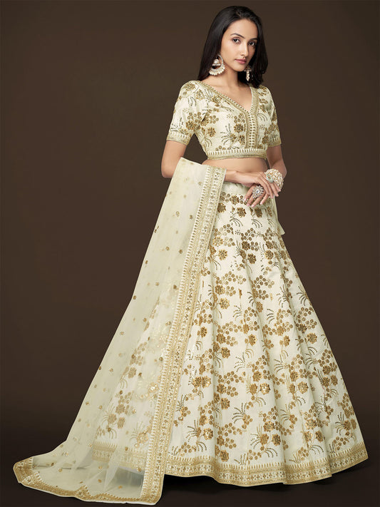 Odette Off White Silk Blend Embroidered Semi Stitched Lehenga With Unstitched Blouse For Women