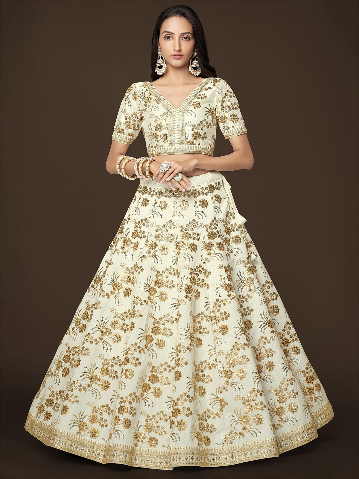 Odette Off White Silk Blend Embroidered Semi Stitched Lehenga With Unstitched Blouse For Women