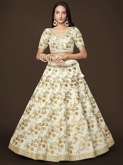 Odette Off White Silk Blend Embroidered Semi Stitched Lehenga With Unstitched Blouse For Women