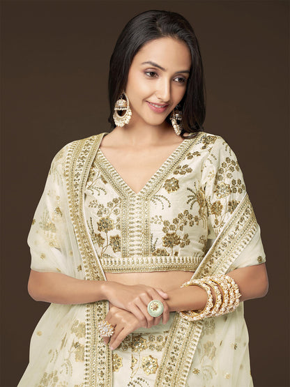 Odette Off White Silk Blend Embroidered Semi Stitched Lehenga With Unstitched Blouse For Women