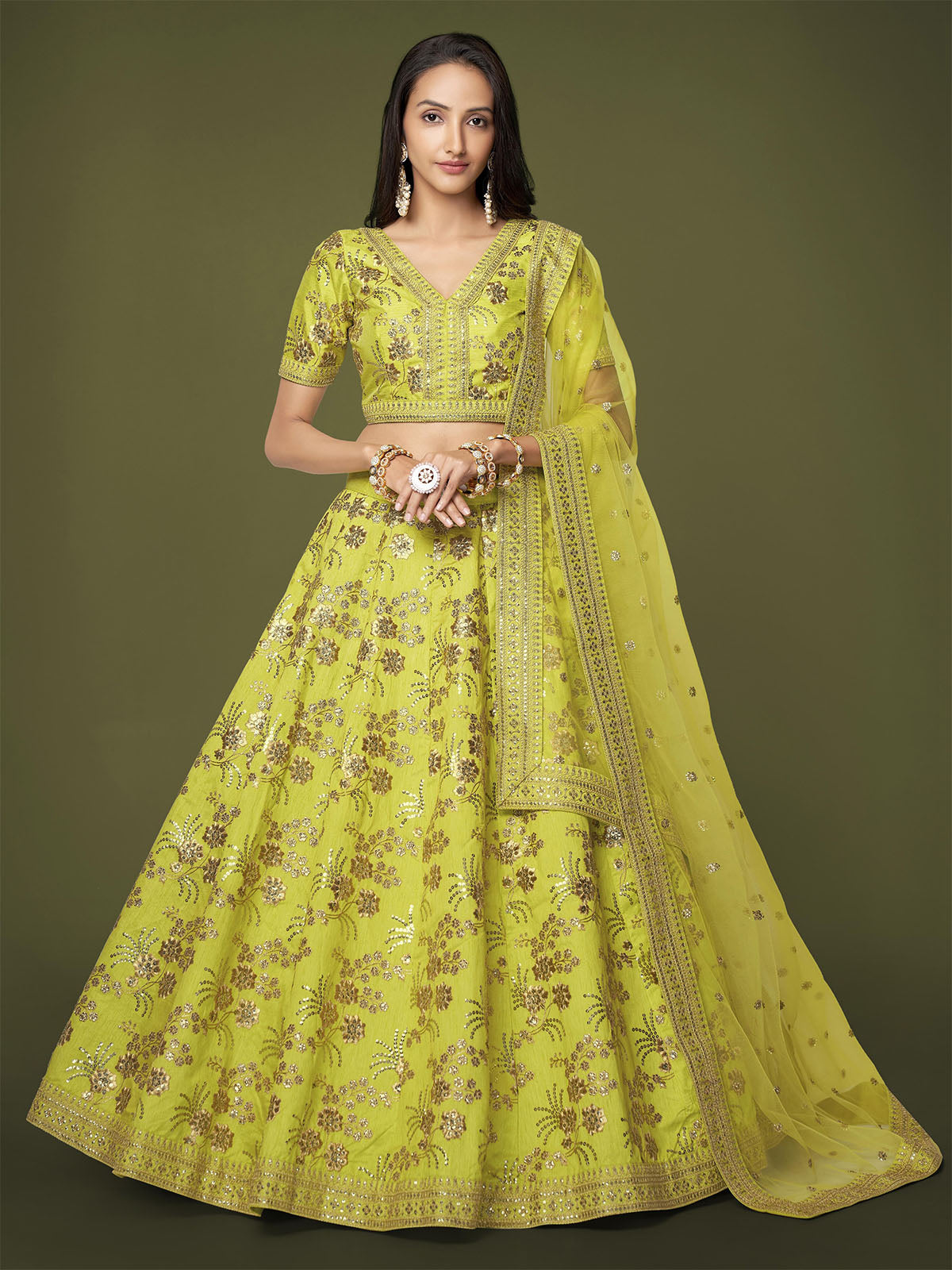 Odette Green Silk Blend Embroidered Semi Stitched Lehenga With Unstitched Blouse For Women
