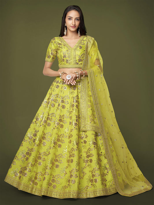 Odette Green Silk Blend Embroidered Semi Stitched Lehenga With Unstitched Blouse For Women