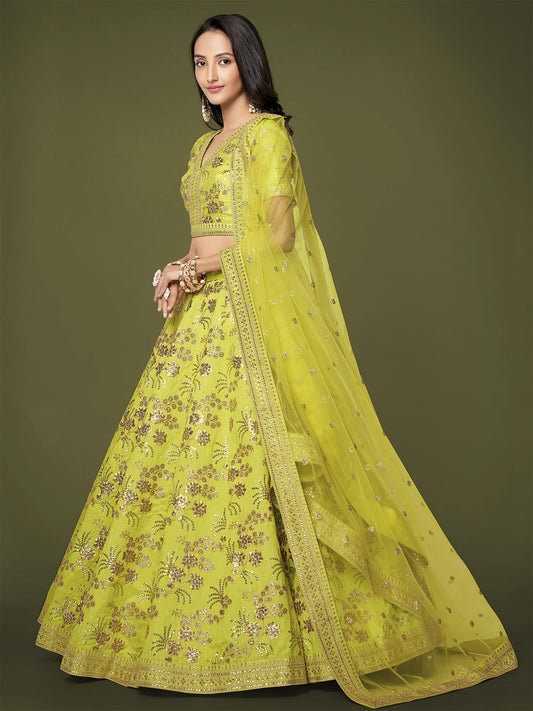 Odette Green Silk Blend Embroidered Semi Stitched Lehenga With Unstitched Blouse For Women