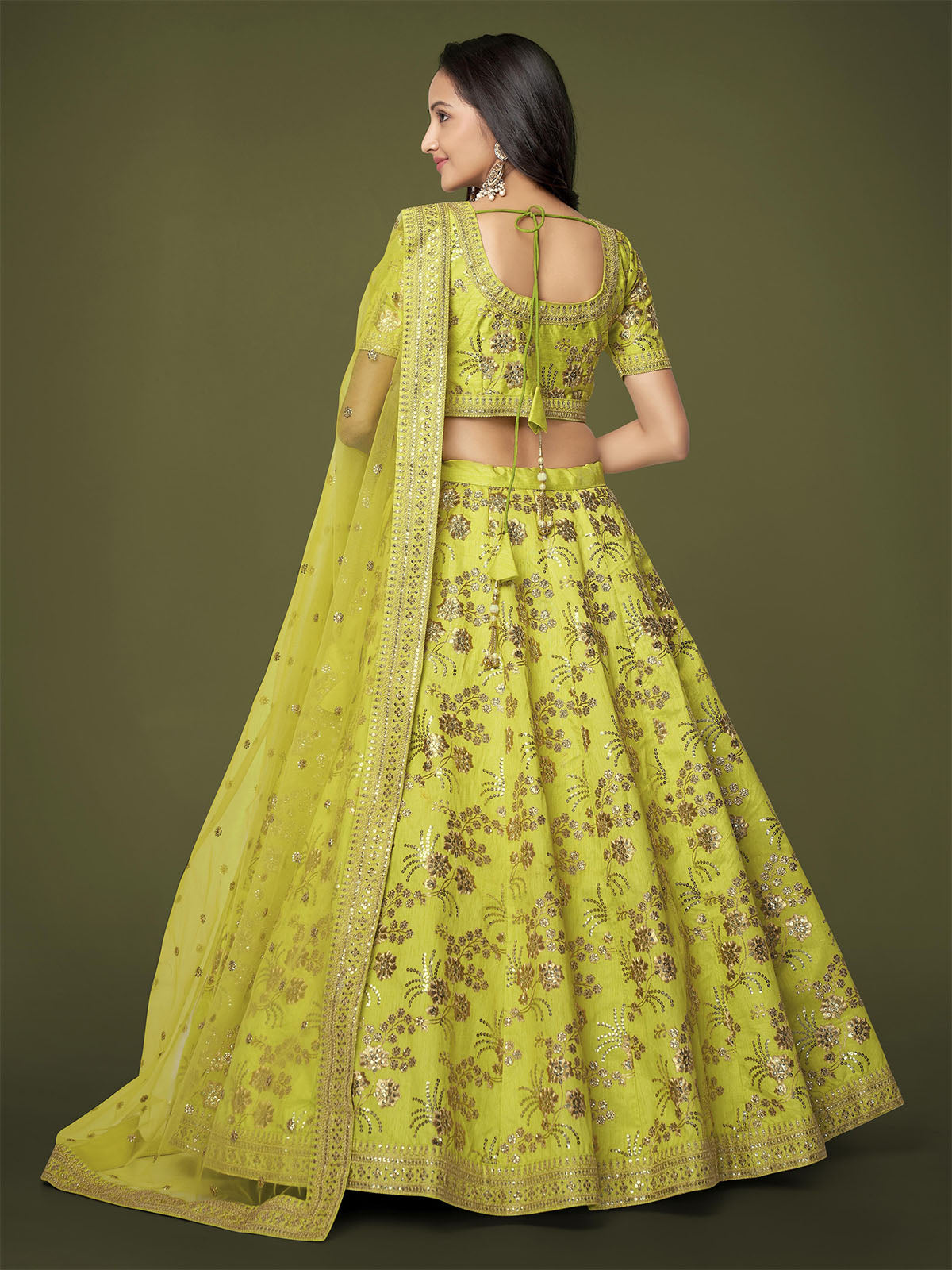 Odette Green Silk Blend Embroidered Semi Stitched Lehenga With Unstitched Blouse For Women