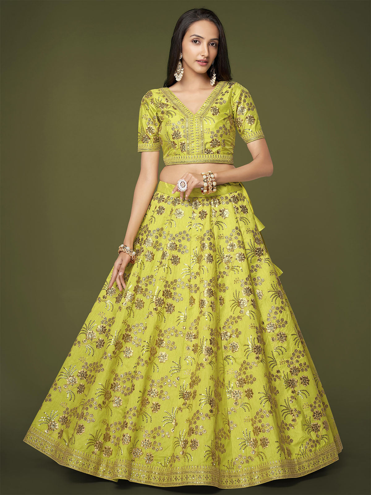 Odette Green Silk Blend Embroidered Semi Stitched Lehenga With Unstitched Blouse For Women