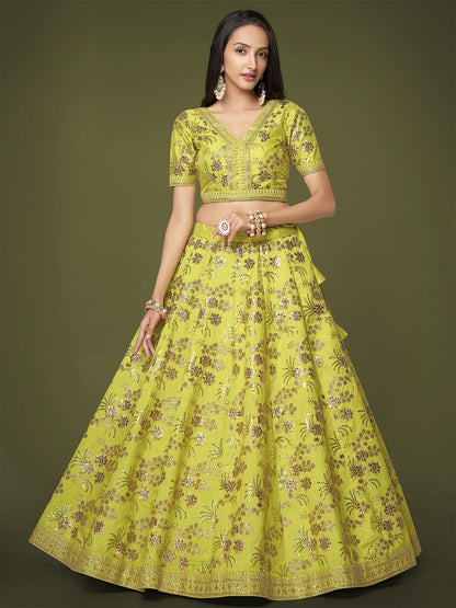 Odette Green Silk Blend Embroidered Semi Stitched Lehenga With Unstitched Blouse For Women