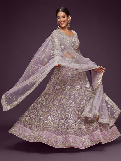 Odette Lavender Soft Net Embellished Semi Stitched Lehenga With Unstitched Blouse For Women