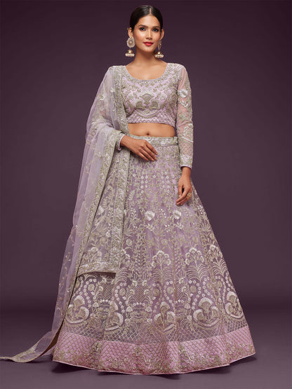 Odette Lavender Soft Net Embellished Semi Stitched Lehenga With Unstitched Blouse For Women